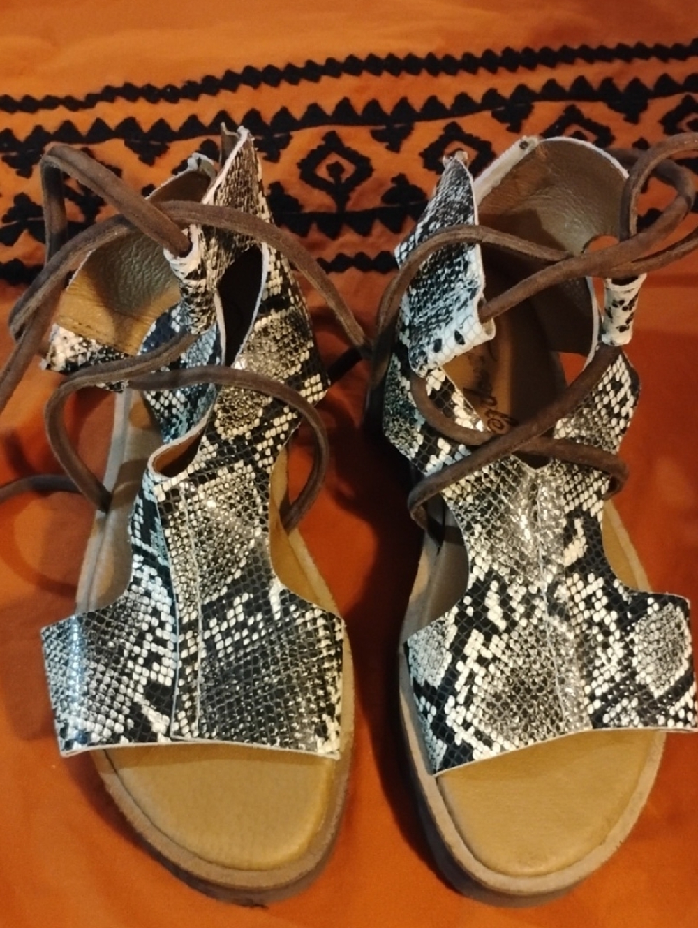 Free People Snake-Print Lace-Up Sandals in Black and White